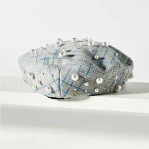 NWT LELE SADOUGHI Gingham Plaid Blue Pearl Embellishment Beret